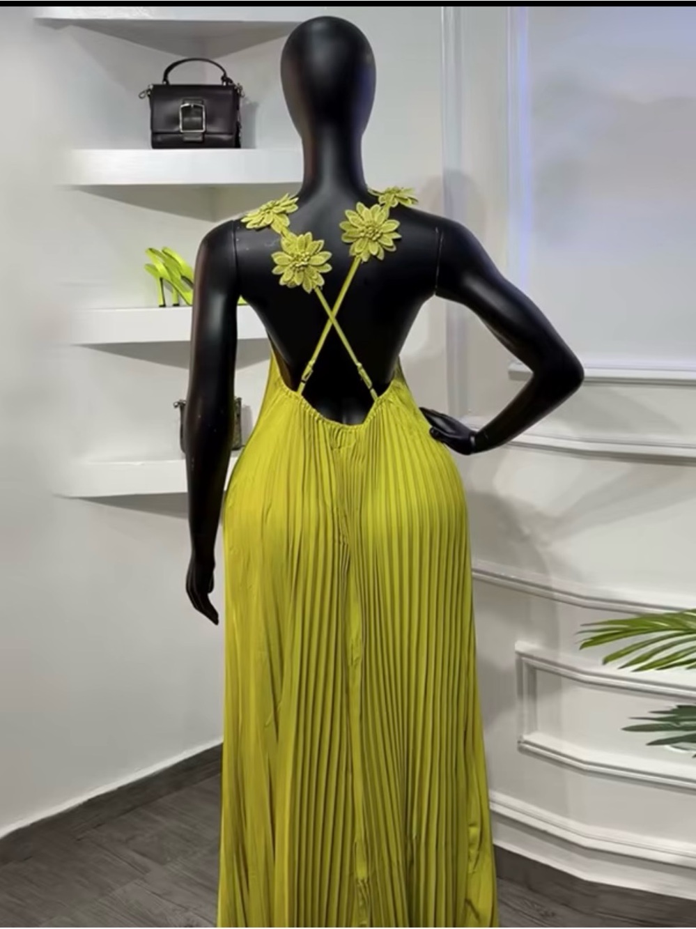 Floral-Strap Backless Maxi Dress in Chartreuse - Women